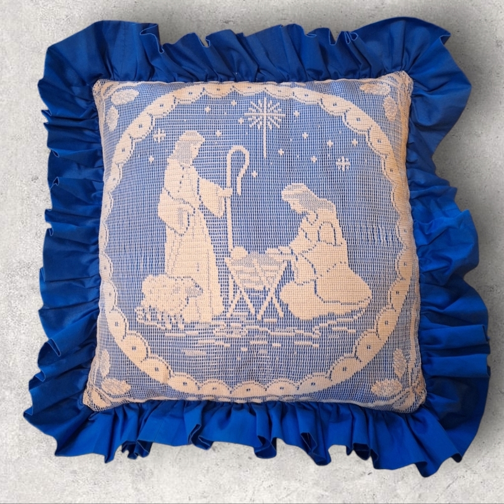 Nativity Laced Blue Ruffled Pillow